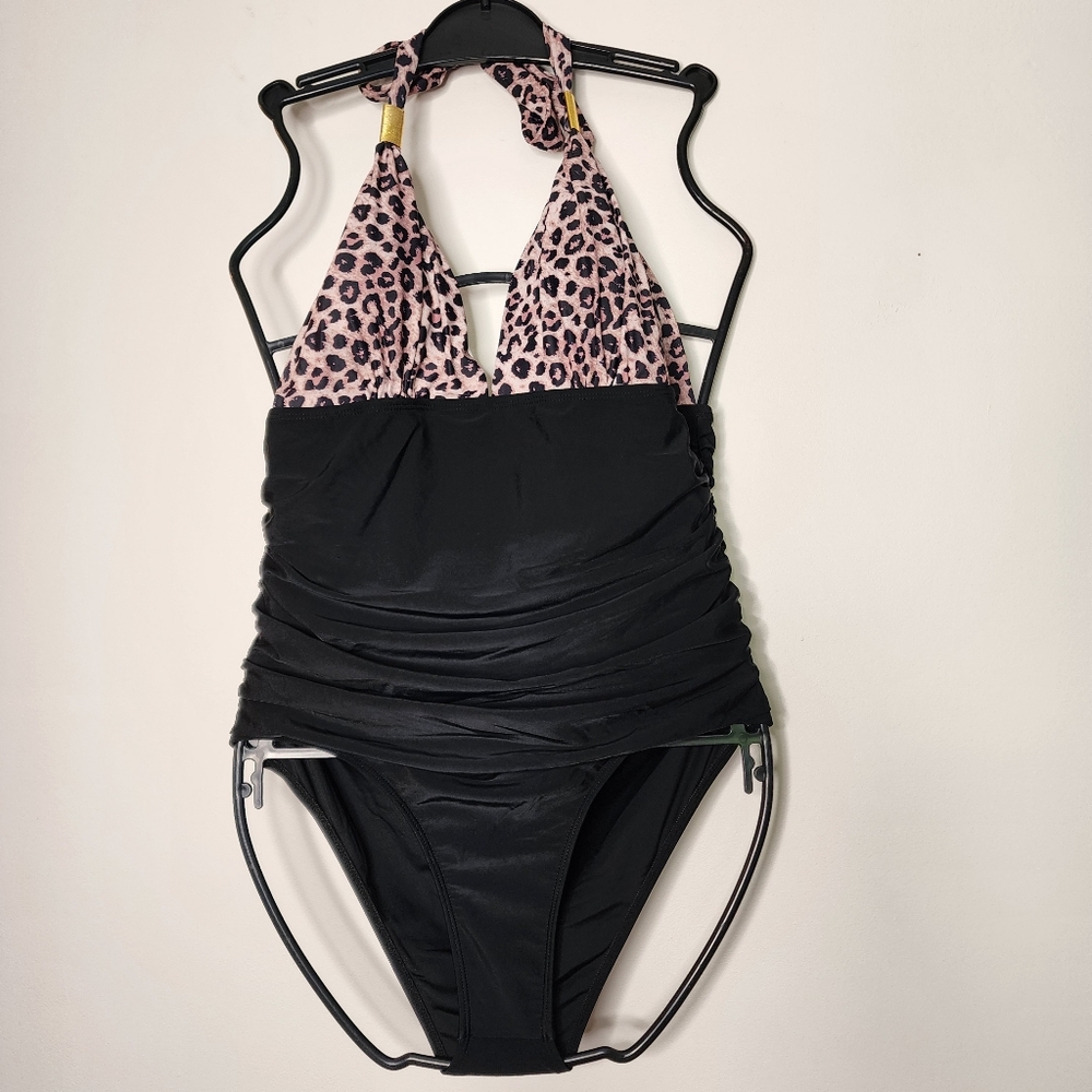 Leopard black one piece halter‎ swimsuit womens large